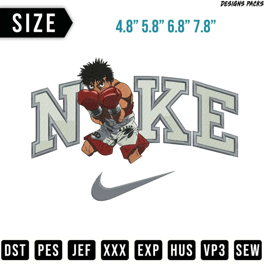 Boxing figure with Nike logo and size options for embroidery designs.