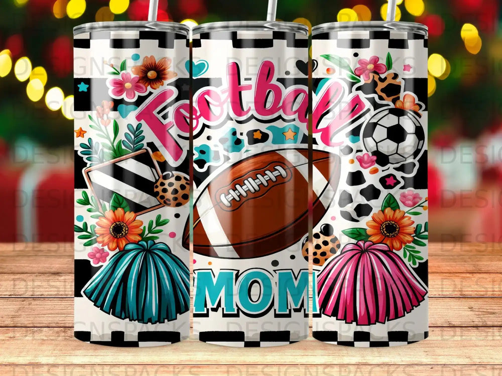 Football Mom tumbler with soccer ball, pom-poms, and floral accents.
