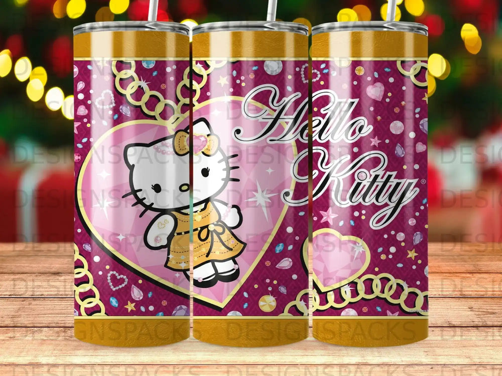 Hello Kitty on a pink and gold patterned tumbler with hearts and gems.