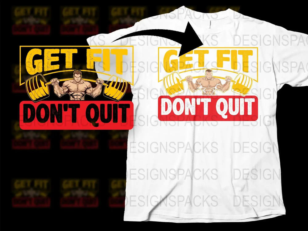 Men's White Fitness T-Shirt, Get Fit Don't Quit Motivational Workout Shirt with Muscle Man and Dumbbells Design