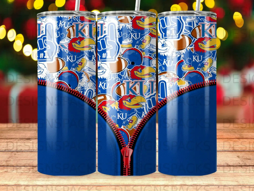 Kansas Jayhawks themed tumbler with a red zipper design.