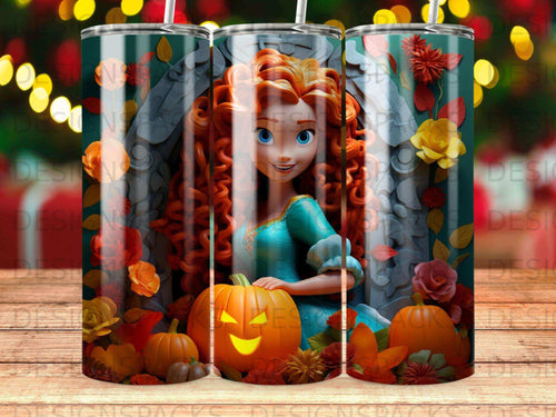 Merida from Brave with pumpkins and fall flowers on a patterned tumbler.