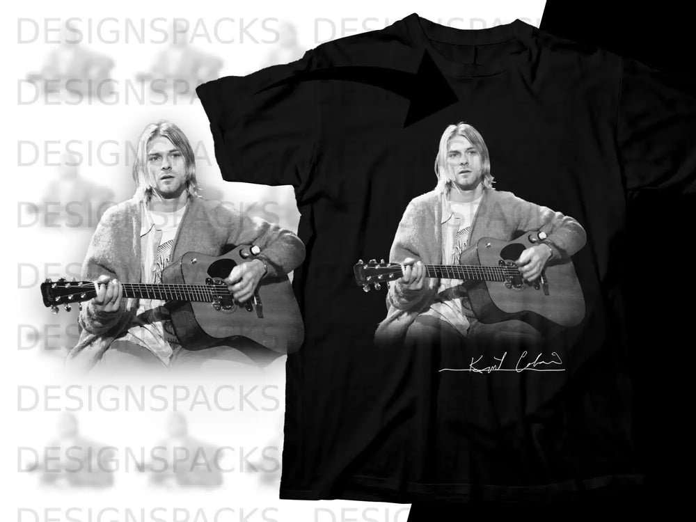 Black t-shirt featuring Kurt Cobain playing guitar, with his signature.
