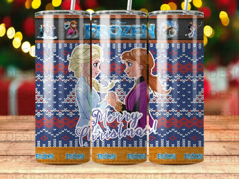 Frozen characters Anna and Elsa on a blue knit pattern tumbler with "Merry Christmas".