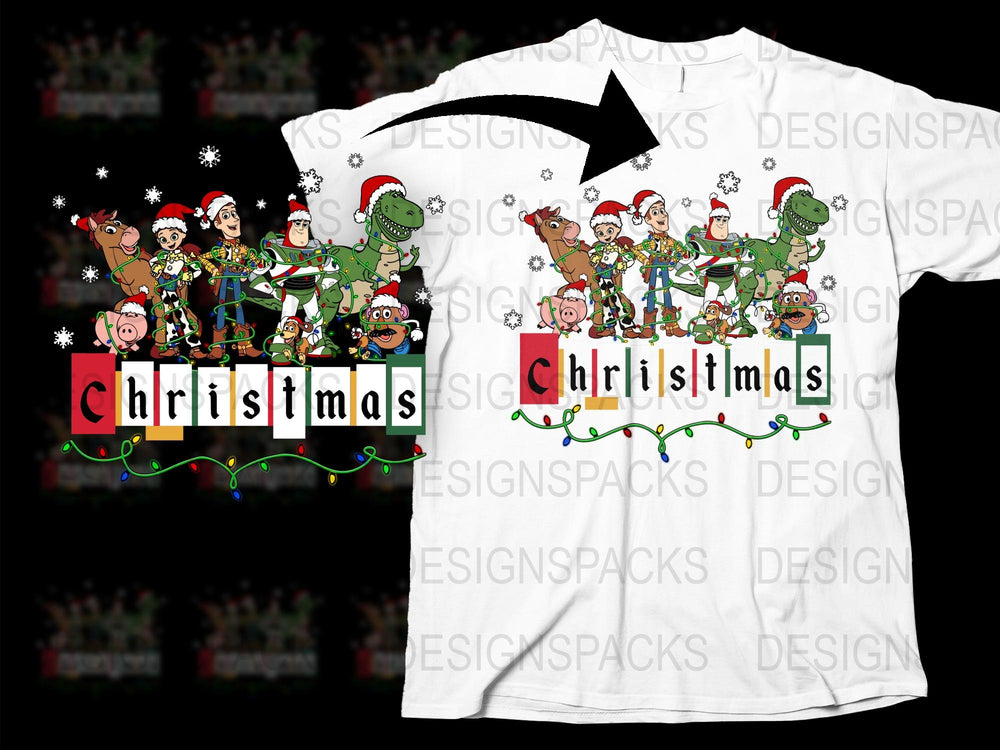 Funny Christmas T-Shirt, Cartoon Characters Holiday Tee, Festive Dinosaur and Elves Design, Unisex Holiday Apparel