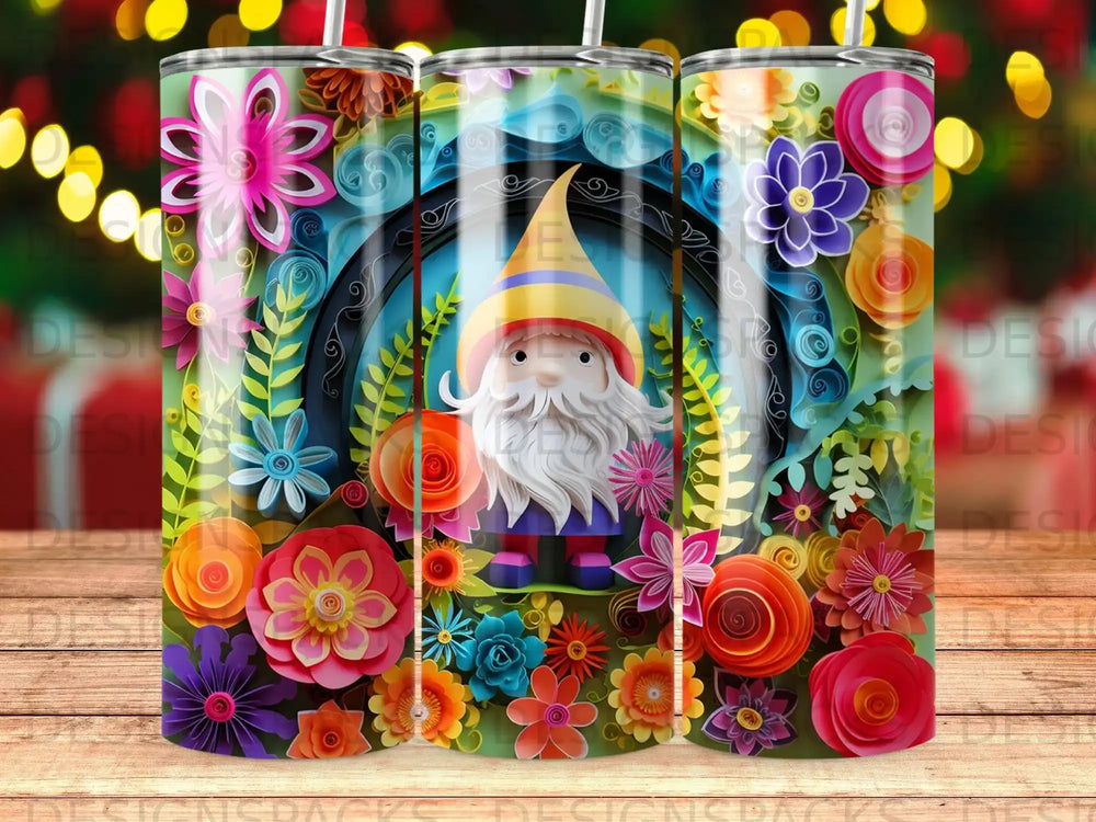 Gnome surrounded by colorful paper flowers and foliage.