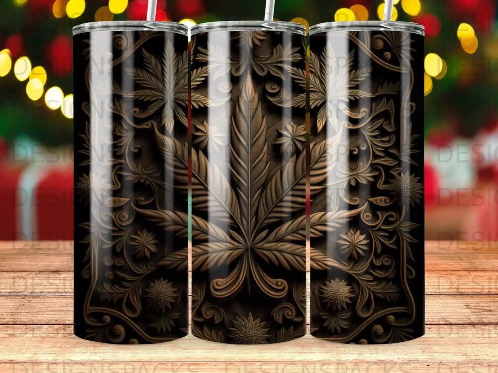 Gold cannabis leaf pattern on a dark background tumbler.