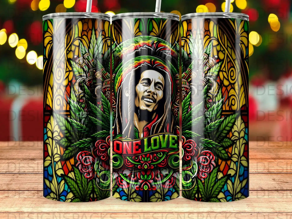 Bob Marley "One Love" tumbler with stained glass and cannabis leaf design.