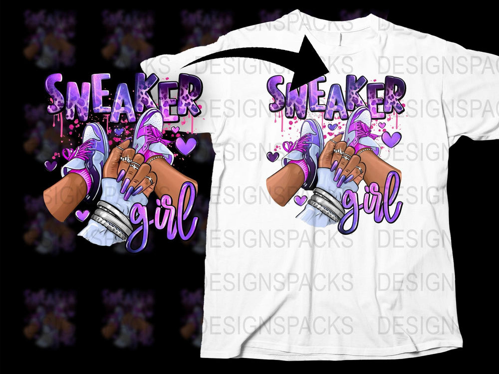Sneaker Girl T-Shirt, Cool Urban Streetwear, Women's Fashion Top, Purple and White Graphic Tee