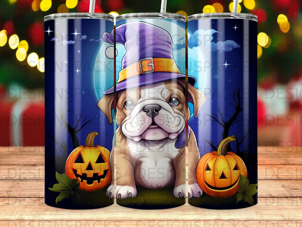 Bulldog in witch hat with pumpkins, moon, and starry night background.