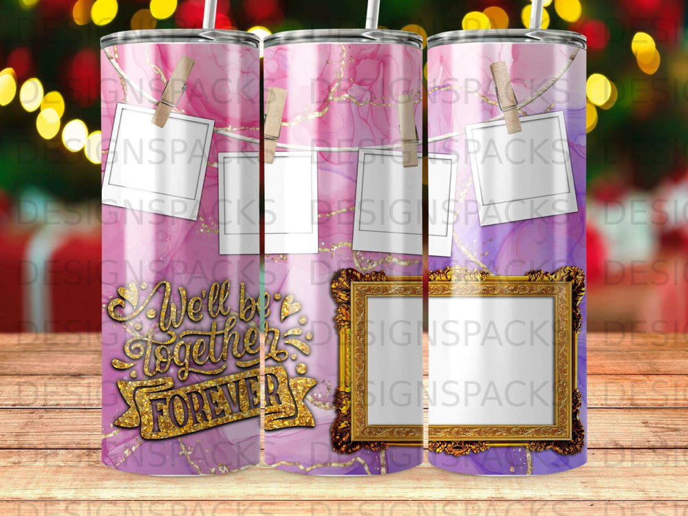 "Well, Better Together Forever" text on a purple gradient tumbler with hanging photos.
