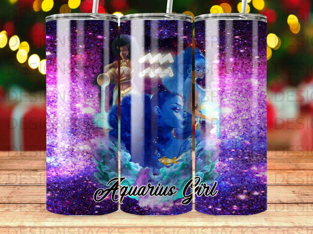 Aquarius girl zodiac illustration with glittery purple background.