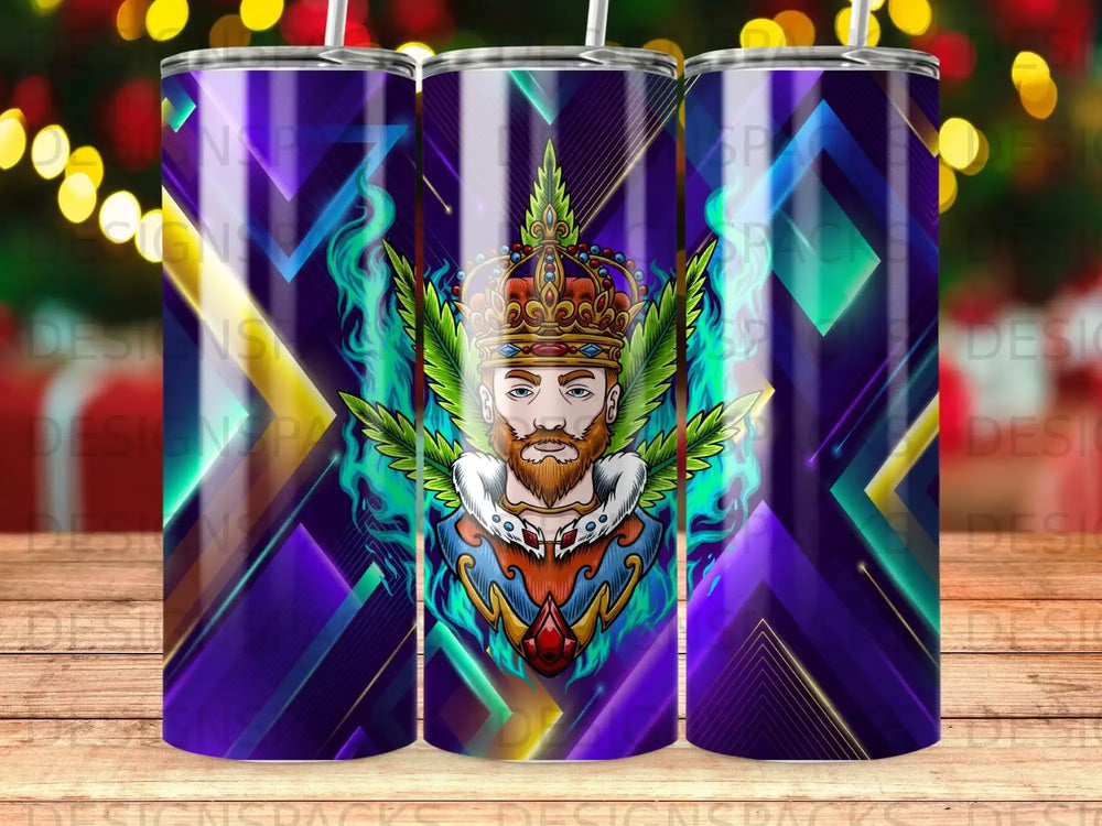 King with crown and beard on abstract purple and green geometric background.