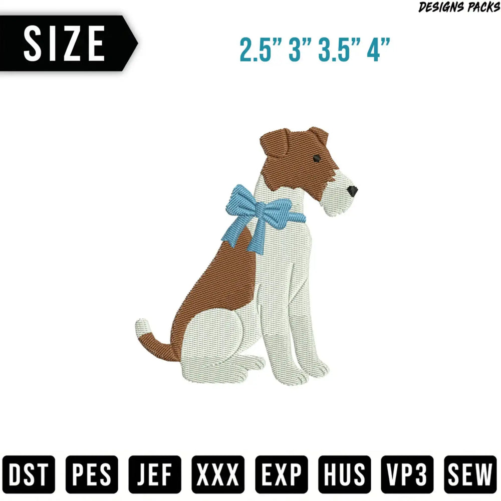 Embroidery design of a seated fox terrier with a blue bow.
