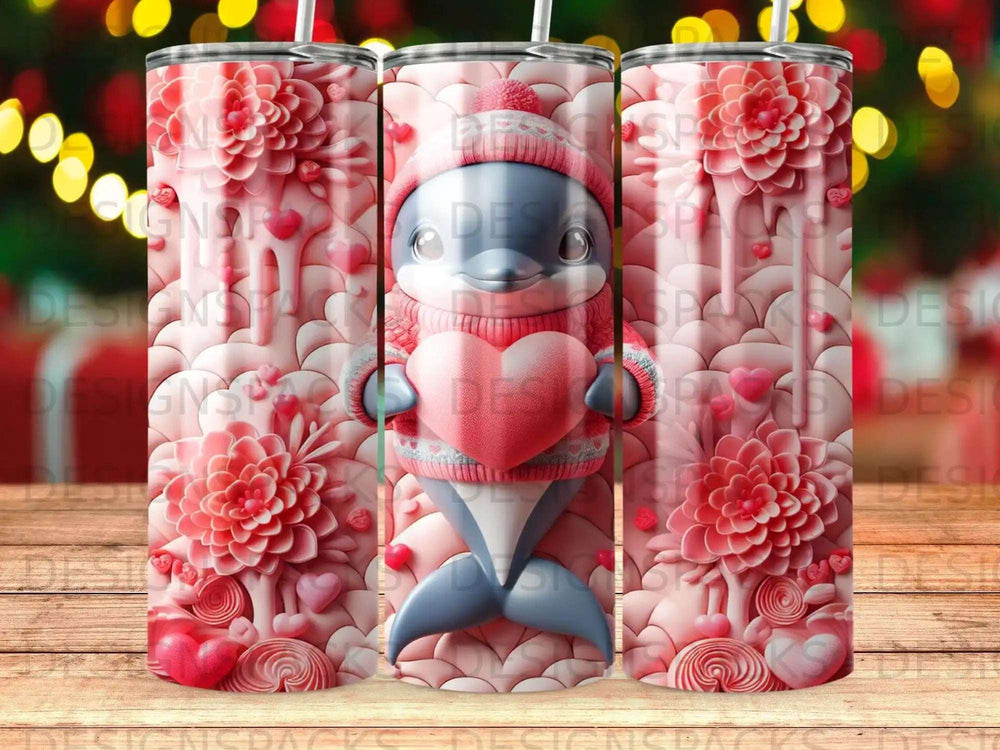Pink floral tumbler with dolphin holding a heart and sprinkles.