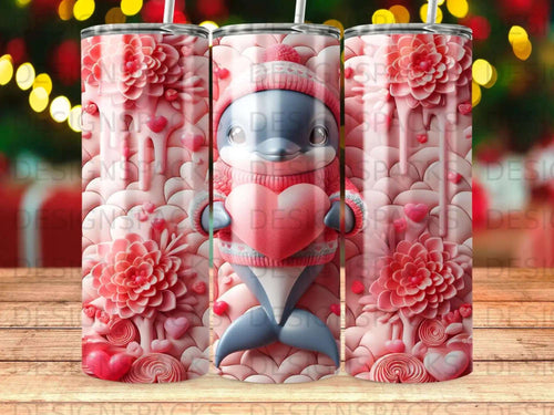 Pink floral tumbler with dolphin holding a heart and sprinkles.