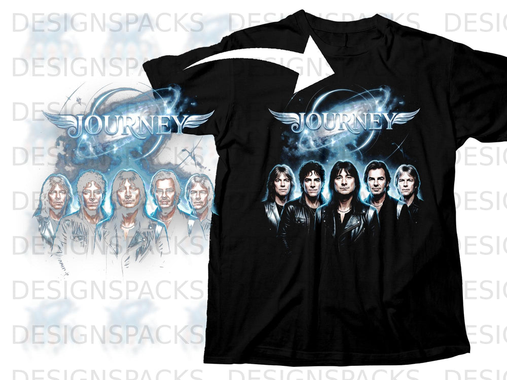 Black t-shirt with Journey band members and logo, featuring wings and cosmic background.