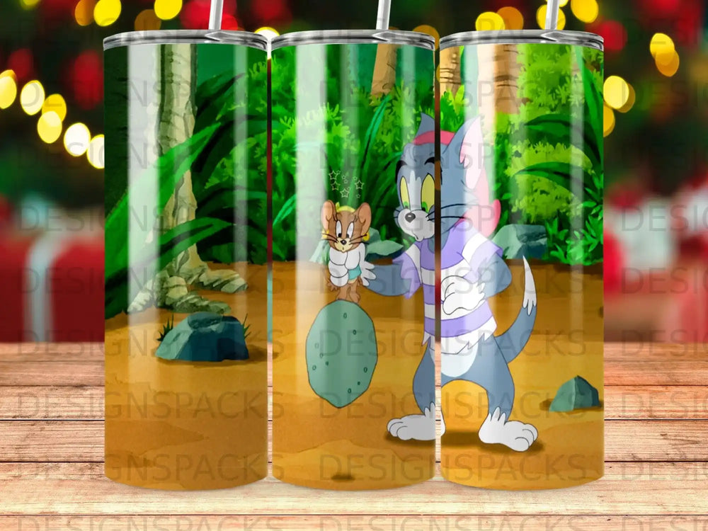 Tom and Jerry characters on a green and brown tumbler with jungle background.