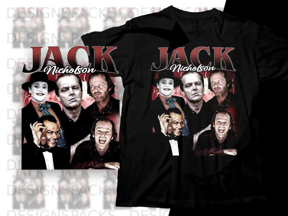 Jack Nicholson collage on black t-shirt.