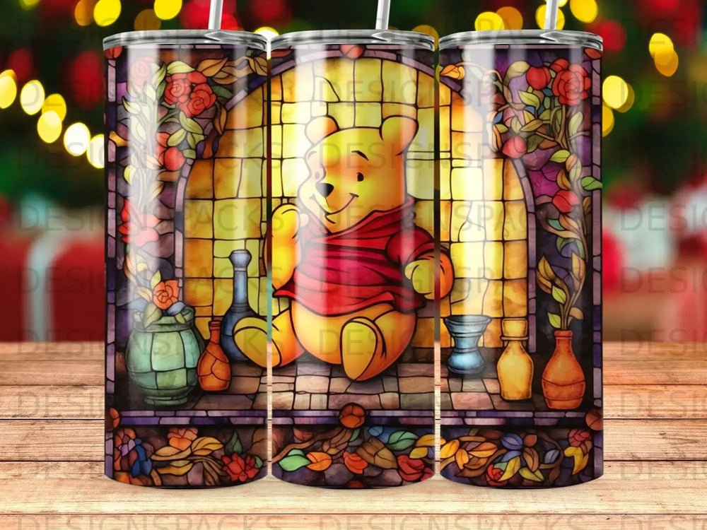 Winnie the Pooh in stained glass style, surrounded by flowers and bottles.