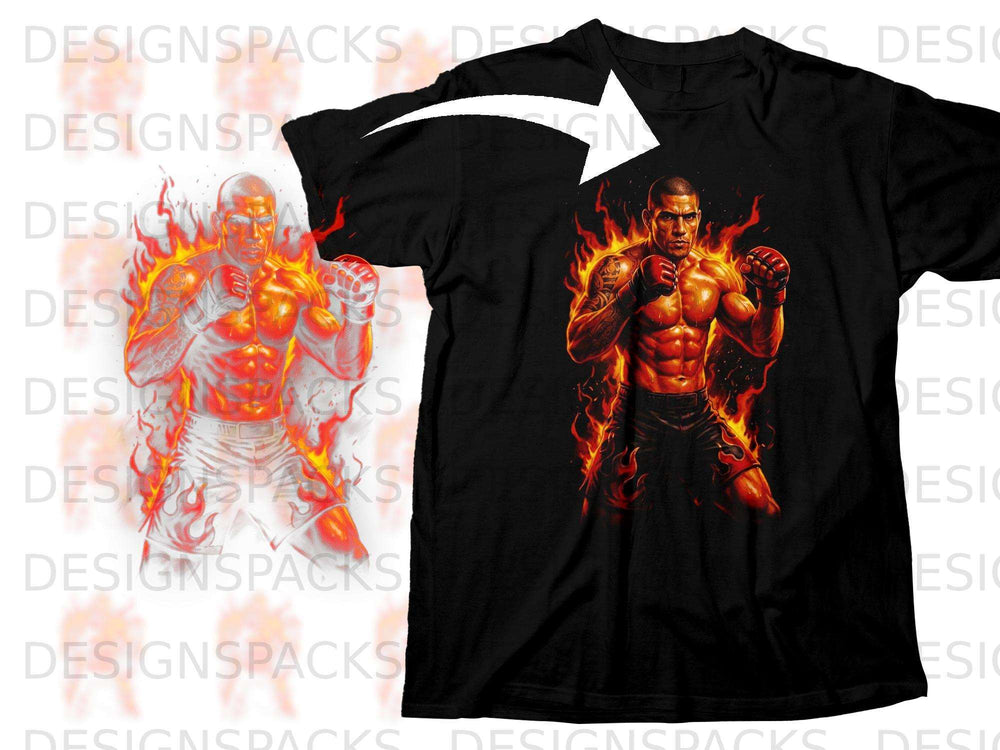 Black t-shirt featuring a muscular fighter engulfed in flames.