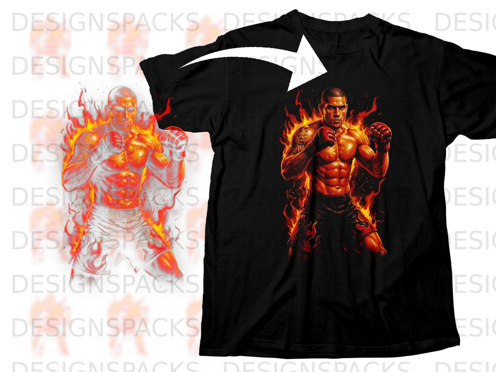 Black t-shirt featuring a muscular fighter engulfed in flames.