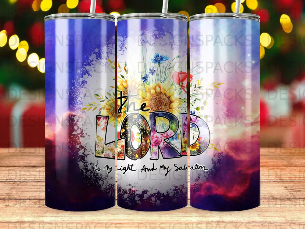 Tumbler with "The Lord is My Light And My Salvation" scripture and floral design.