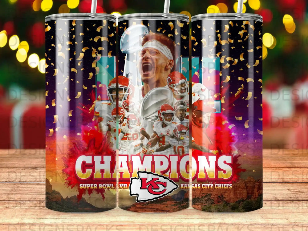 Kansas City Chiefs Super Bowl Champions tumbler with confetti and player graphics.