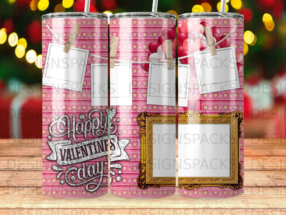 Pink tumbler with "Happy Valentine's Day" text and hanging hearts.