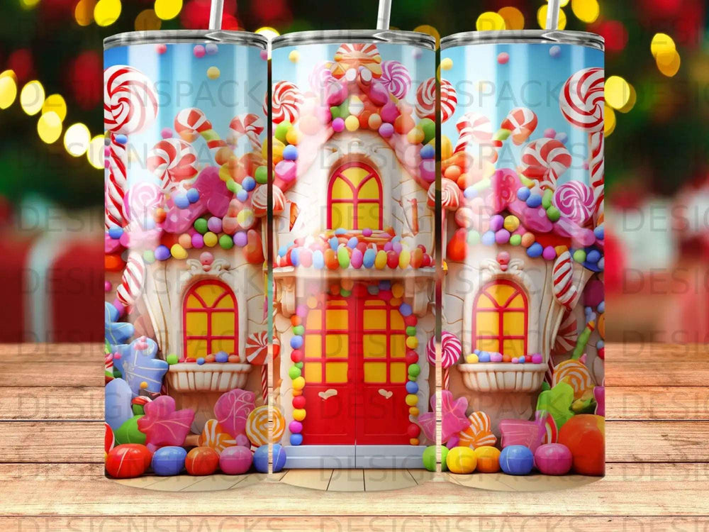 Candy house with gingerbread trim and colorful sweets, on a wooden table.