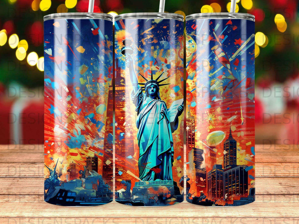 Statue of Liberty with fireworks and cityscape background.