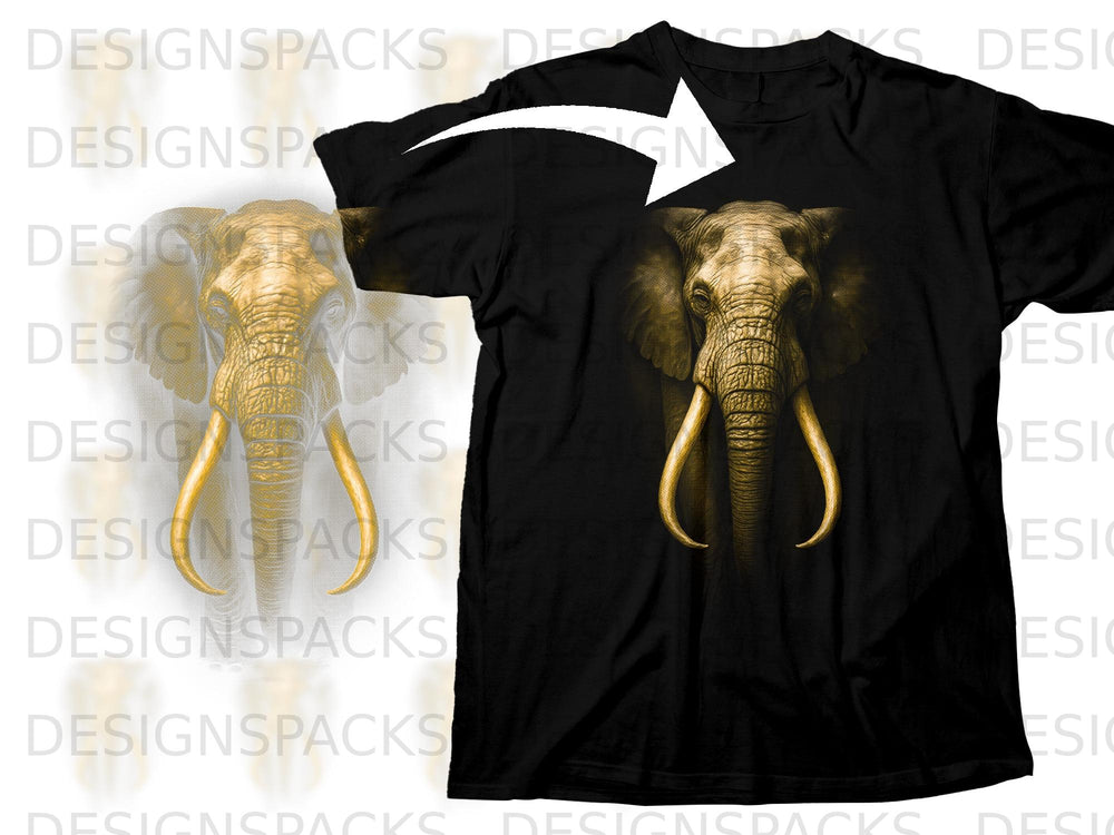 Black t-shirt with a realistic golden elephant head graphic.