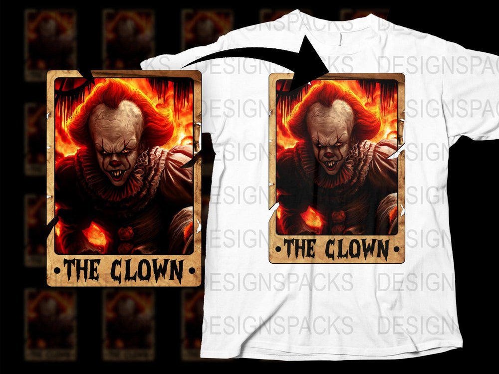 Scary Clown Graphic T-Shirt, Horror Movie Fan Tee, Unisex Halloween Shirt, Unique Creepy Clown Apparel, Fire Background Design