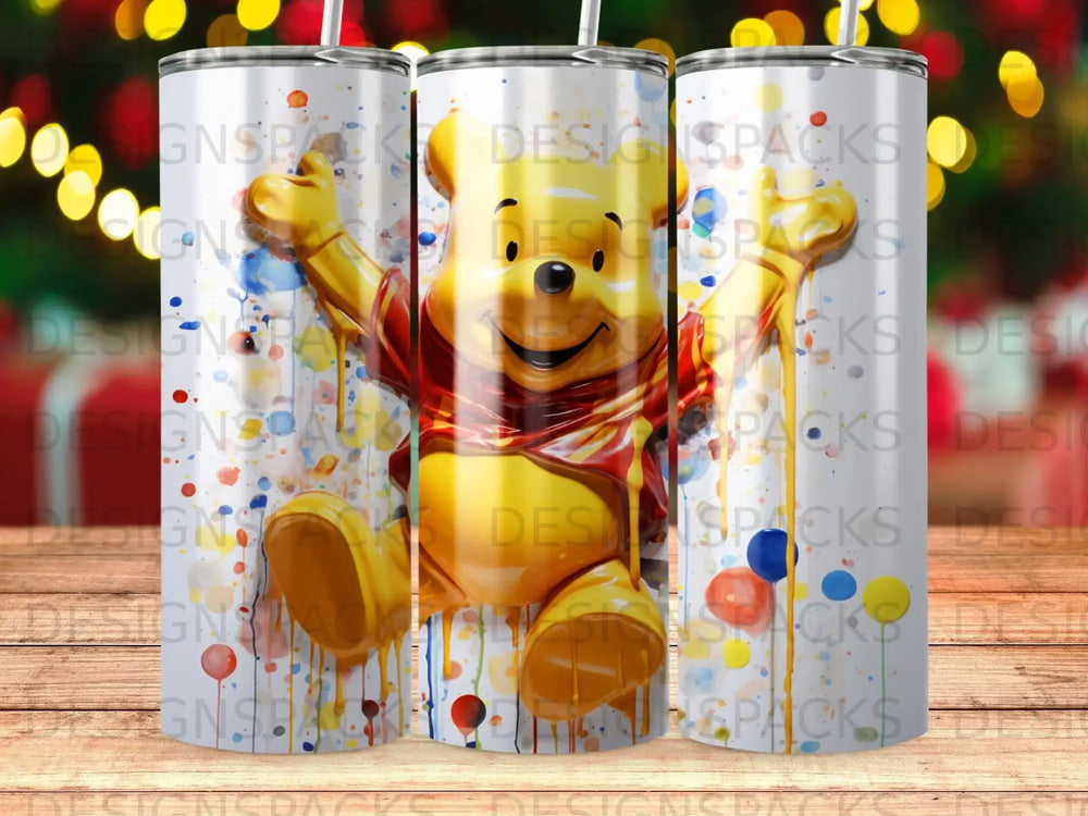Winnie the Pooh in a yellow shirt with colorful paint splatters.