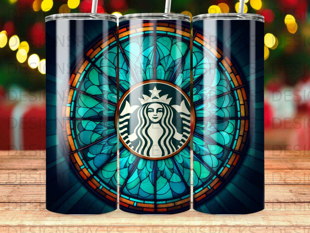 Starbucks logo on stained glass pattern tumbler, featuring green and blue hues.
