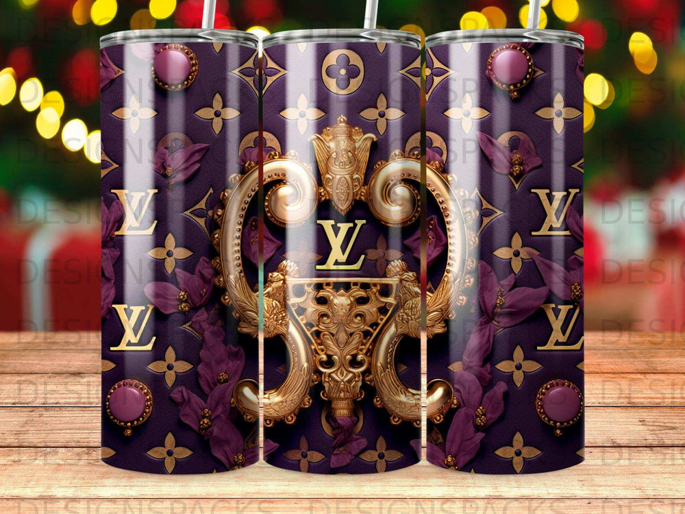 Gold ornate clasp on dark purple repeating LV monogram pattern.