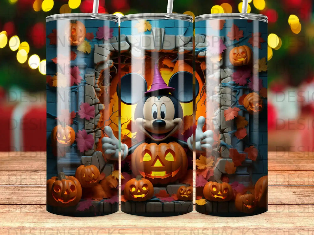 Mickey Mouse in a witch hat with pumpkins for Halloween.