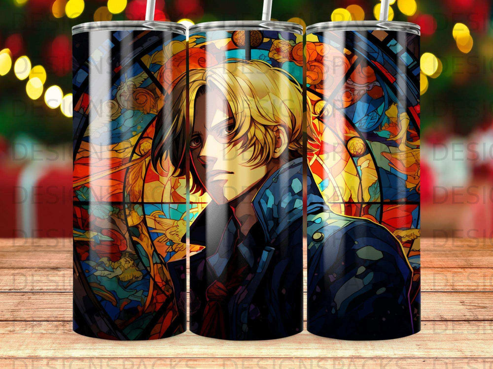 Anime character with blond hair in a blue jacket, against a stained glass background.