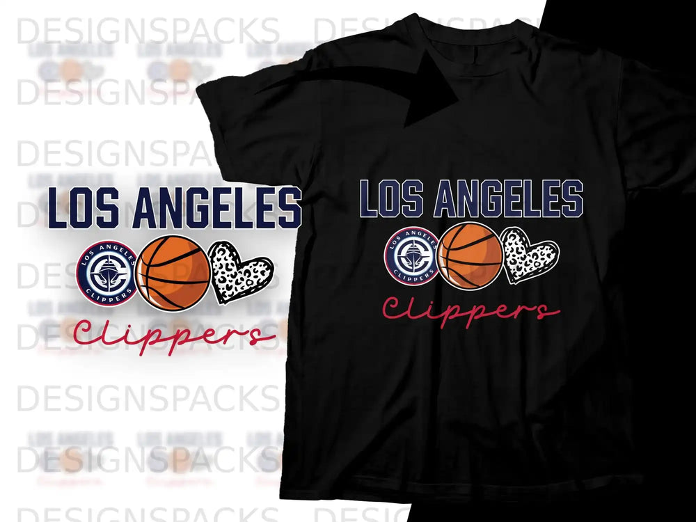 Black t-shirt with "Los Angeles Clippers" text and basketball graphics.