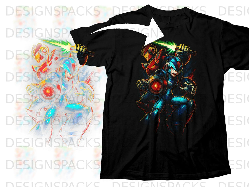 Black t-shirt with artwork of Mega Man X and Zero characters in action.