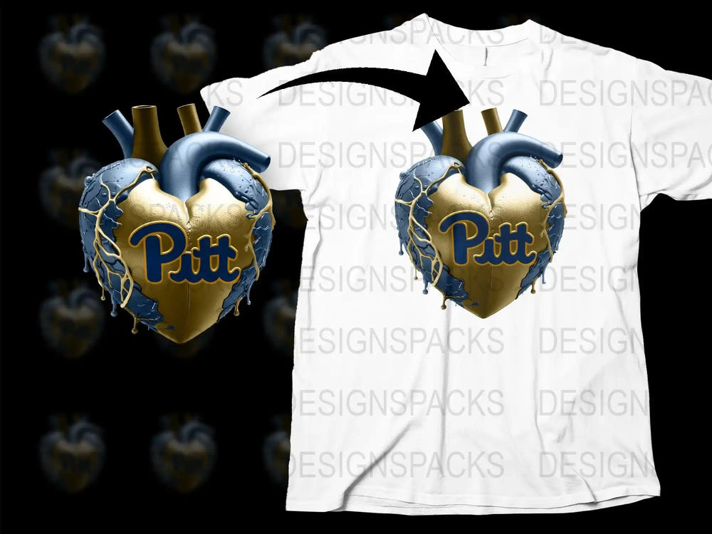 Unique Pitt Heart Grenade Graphic T-Shirt, Stylish Metallic Blue and Gold Design, Trendy Casual Wear