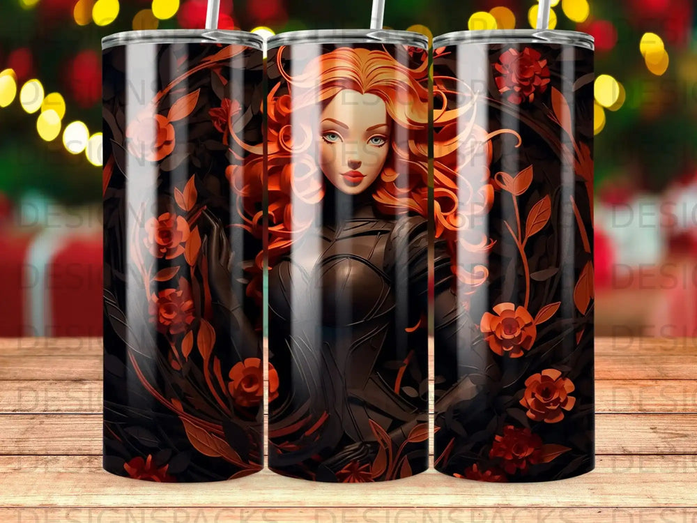 Woman with red hair and orange flowers on a dark background.