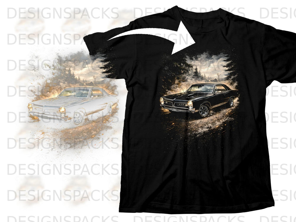 Black t-shirt featuring a vintage black GTO car on a dusty road with trees and a windmill.