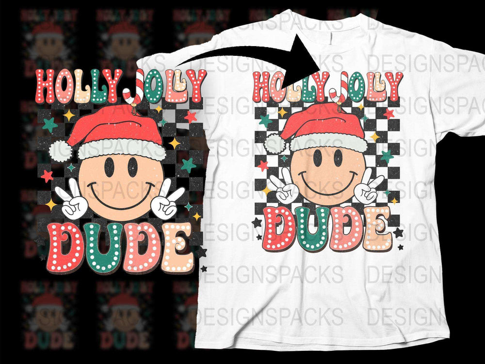 Christmas T-Shirt Design, Holy Jolly Dude, Santa Hat, Festive Holiday Apparel, Kids and Adults Sizes, Winter Fashion Clothing