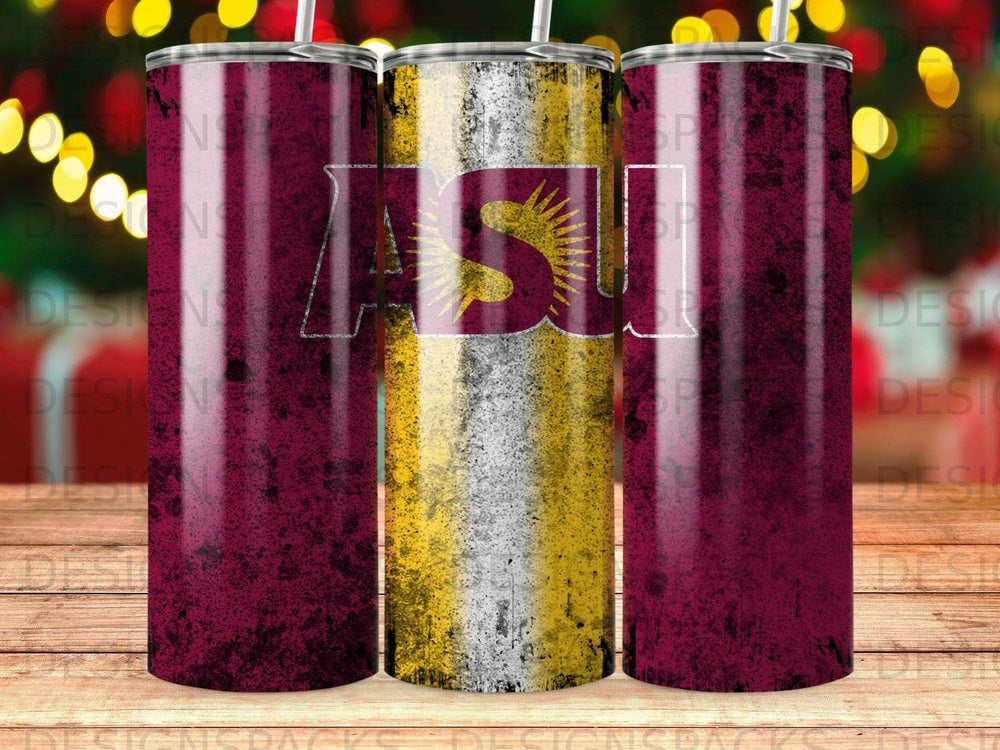 Maroon and gold ASU tumbler with distressed texture.