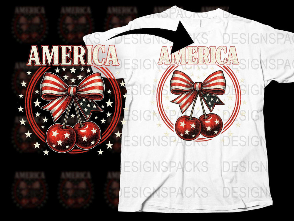 Patriotic America T-Shirt with Red Bow and Stars, 4th of July Festival Tee, Unisex White Shirt