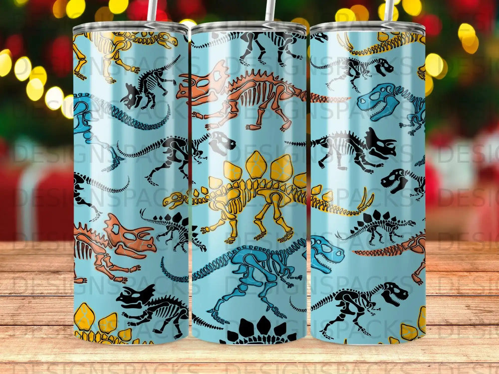 Triceratops, stegosaurus, and t-rex dinosaur skeletons pattern on blue tumbler.