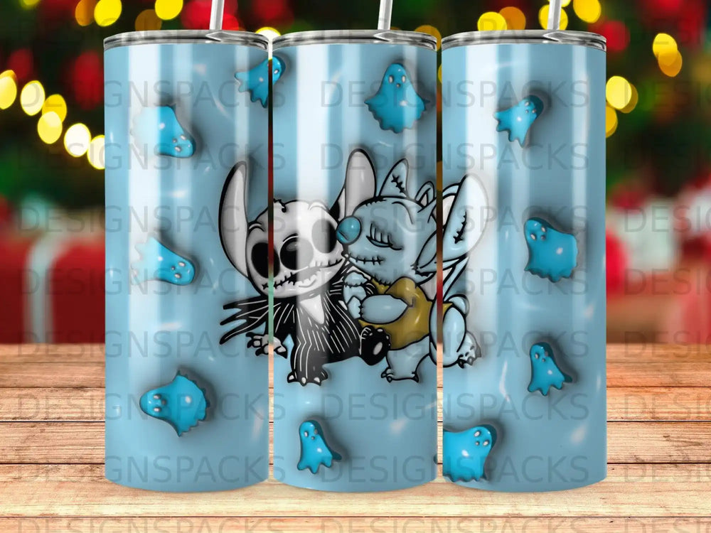 Stitch and Jack Skellington characters with blue ghosts on a light blue tumbler.