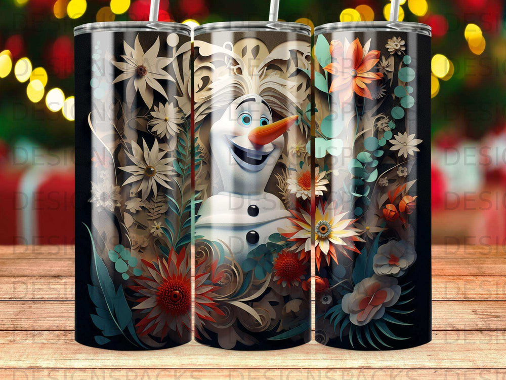 Olaf the snowman surrounded by colorful flowers and foliage.