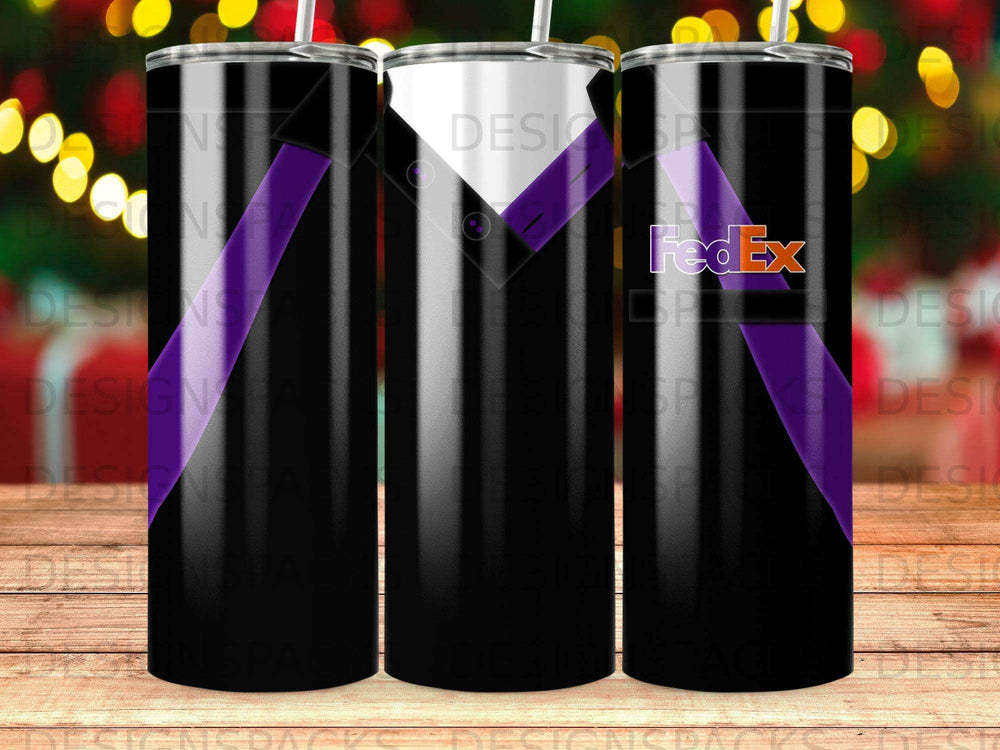 FedEx logo on a black and purple striped tumbler.